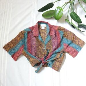 Chelsea Wearhouse boho earth tone floral striped button down shirt